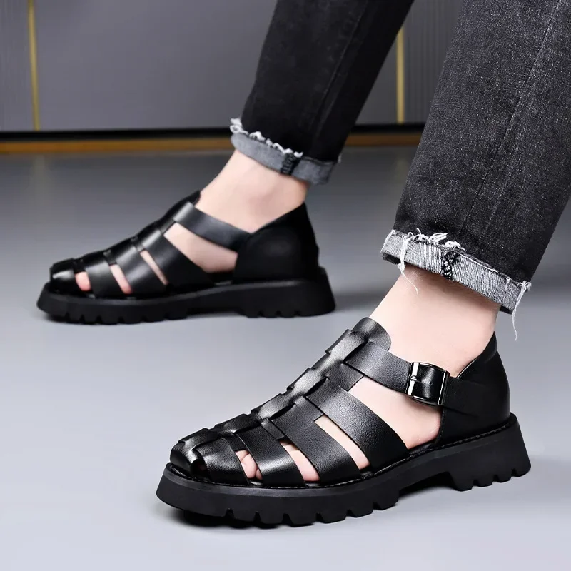 Cow Leather Men\'s Sandals Big Size Fashion Casual New Designer Increase Hallow Out Roman Shoes Male Black Platform Sandals Man