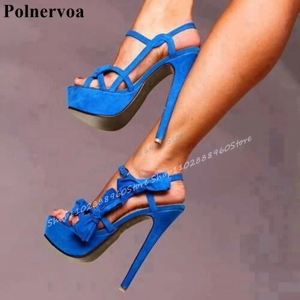 

Narrow Strip Blue Flock Bowknot Platform Sandals Stilettos High Heel Women Shoes Buckle Strap Open Toe 2025 Zapatos Para Mujere