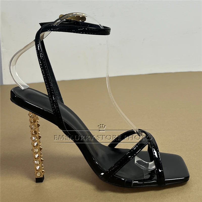 Individual Rivet Decor Strange Heel Sandals Women Luxury Suede Cross Narrow Band Ankle Strap Party Shoes Summer