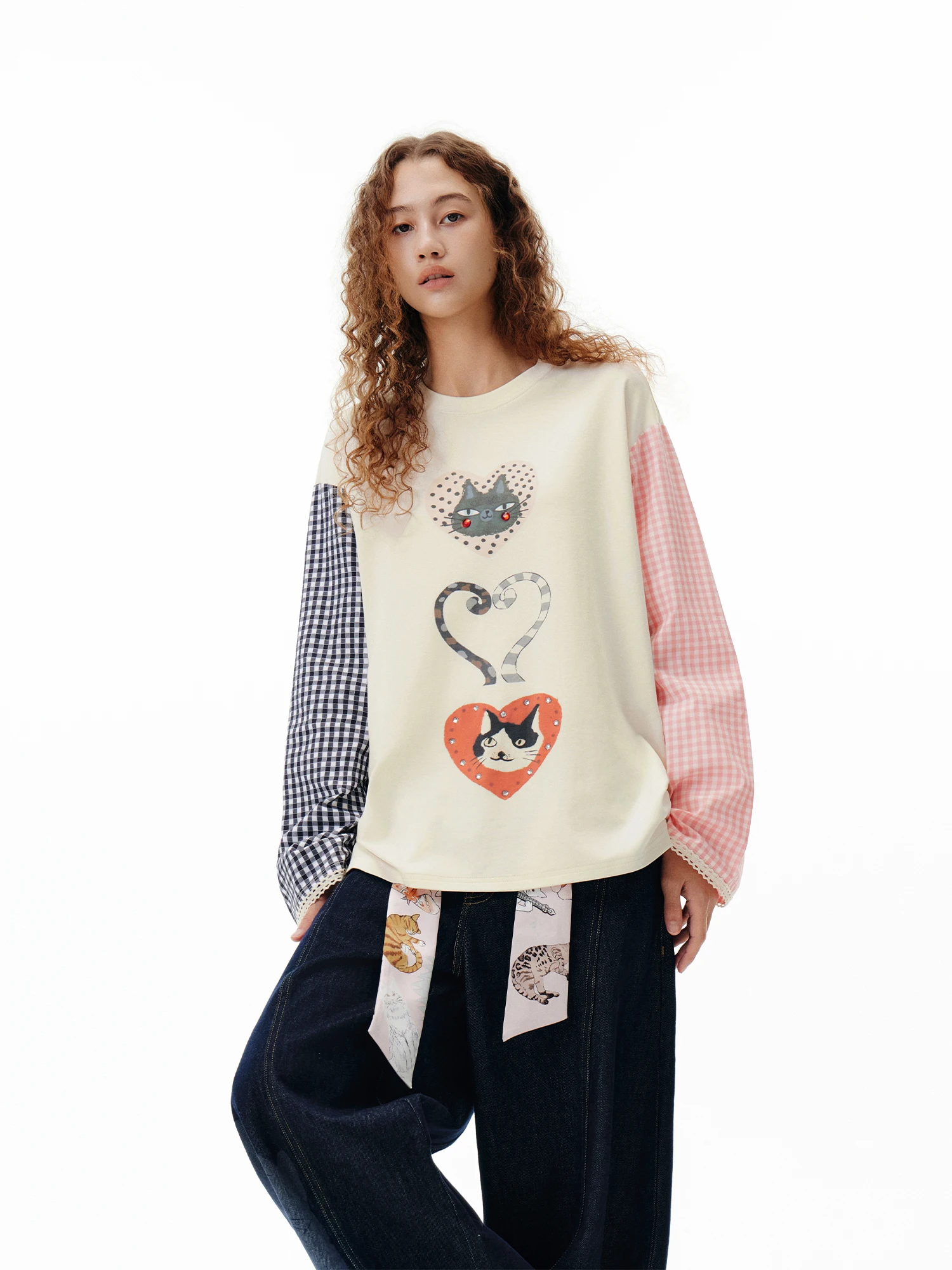 

Outthe Blue Women's Long Sve T-irt Tail Love Letter Print Patchwork Rhinestone Loose Fit Autumn New Sle Cotton Blend