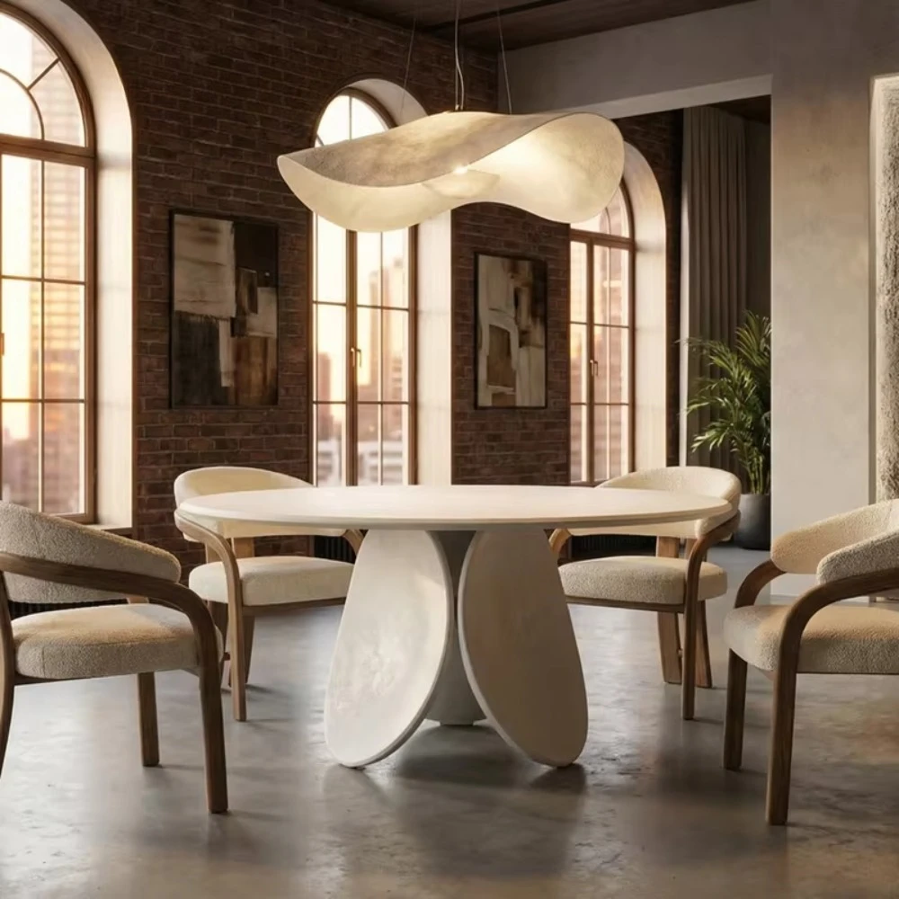Luxury Italian Style Round Dining Table Geometric Petal Fiberglass Base Marble Sintered Stone Top For Home Dining Room