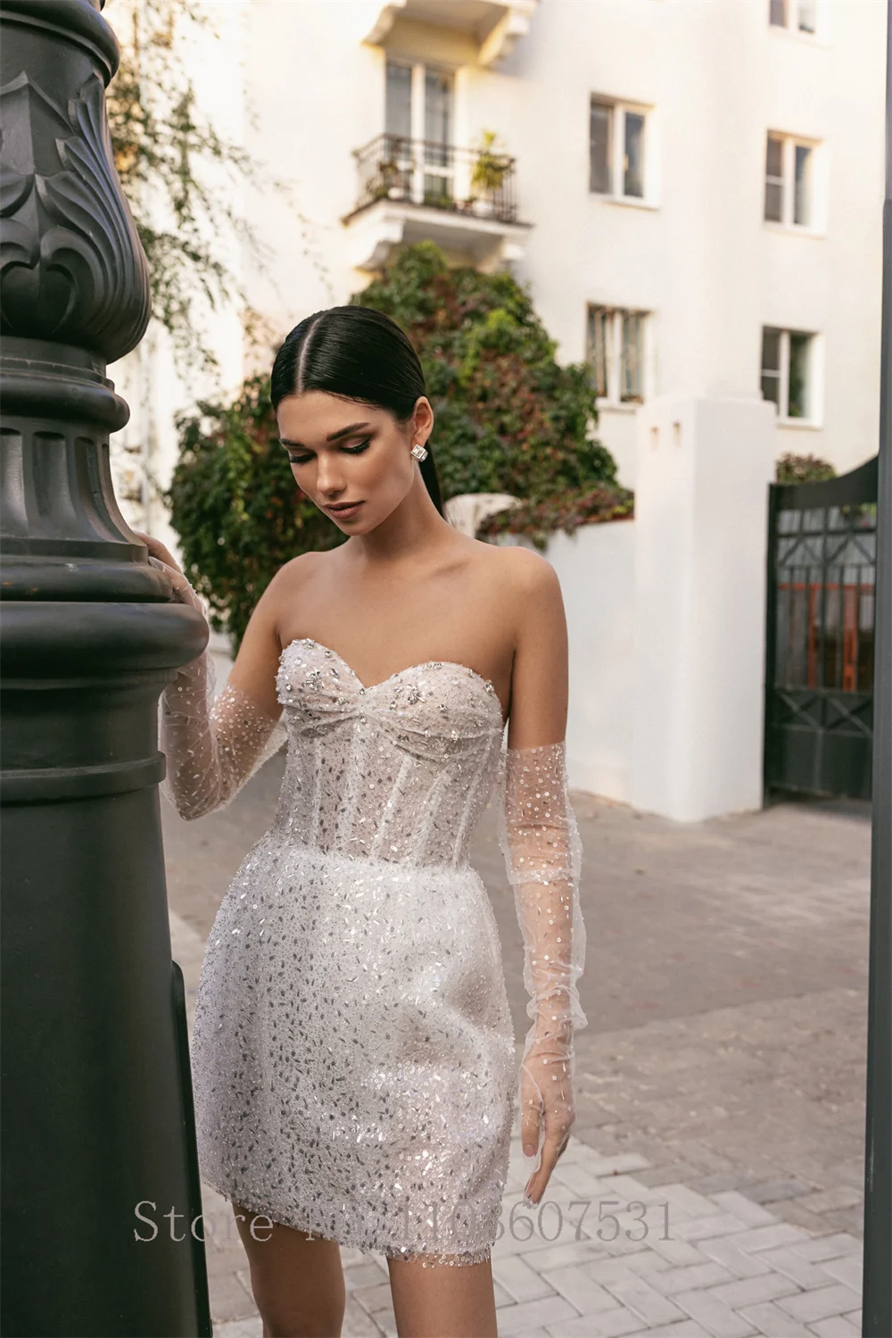 Elegante abito da sposa con scollo a cuore con spalle scoperte per la sposa paillettes pieghettate a-line abito da sposa corto robe de mariée