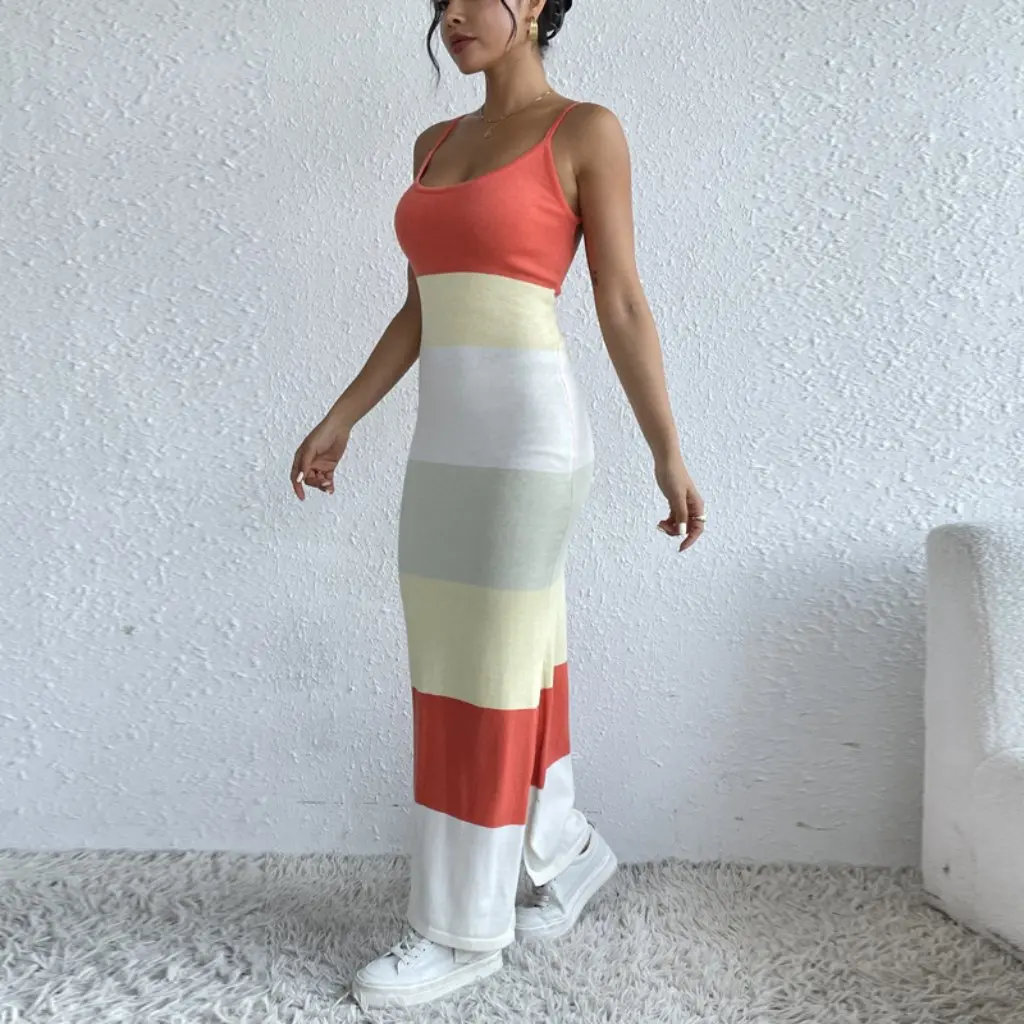 

Summer New Color Striped Backless Knitted Dress Sexy Split Slim Fit Long Suspender European American Style