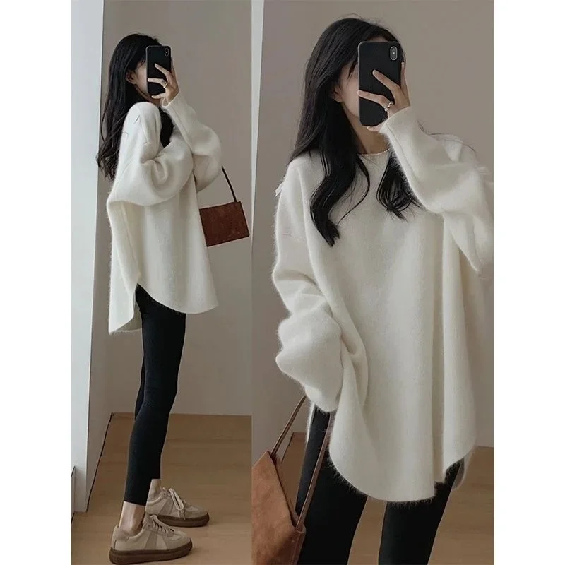 Autumn Winter Korean-Style Women's Pullover Sweater Medium-Length Long Sleeve Knitted Top Thickened Outerwear Casual Stylish Loo