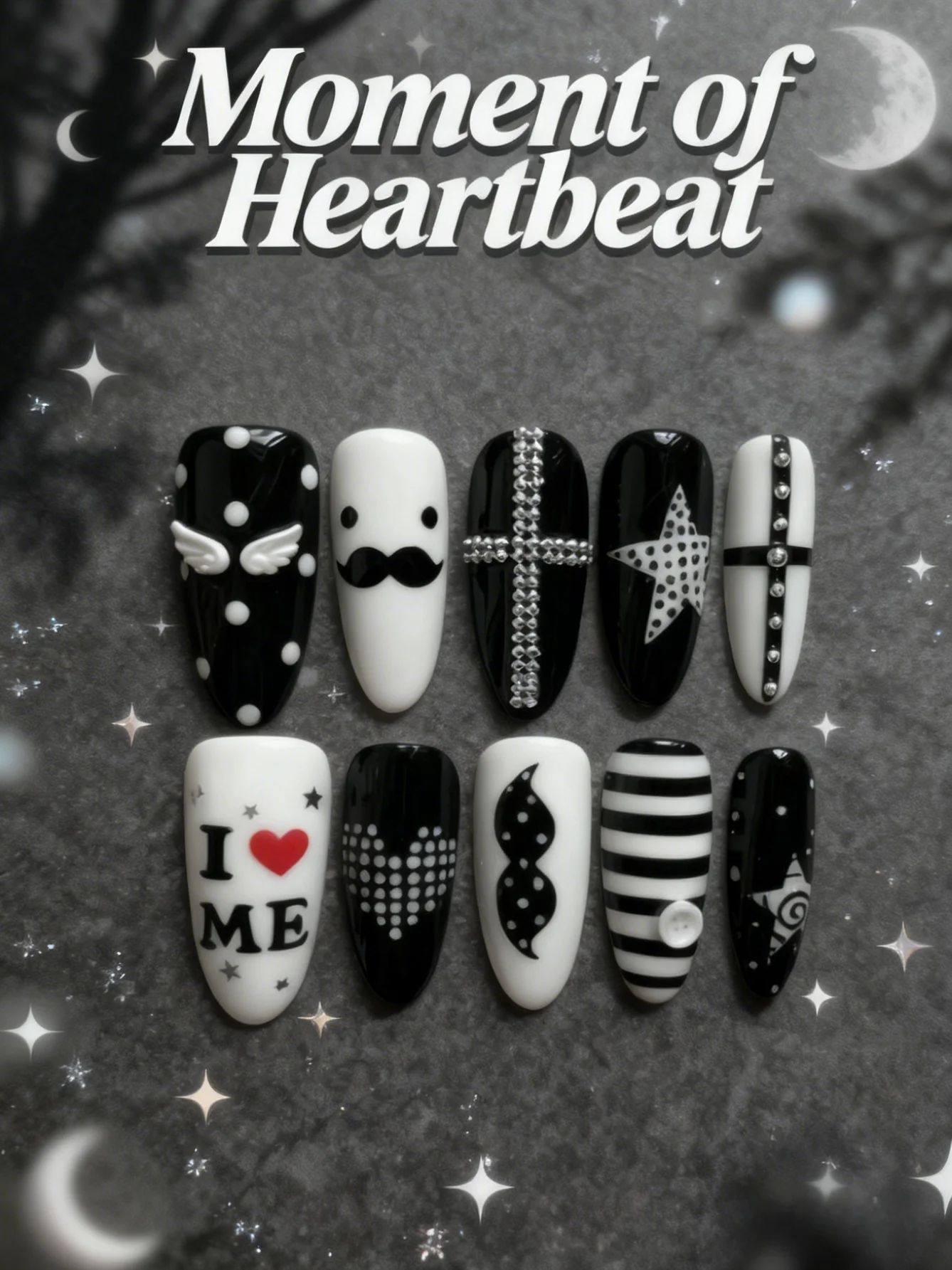 10-Piece Set of Black and White Subculture Cool Y2K Press-On Nails, with Jelly Glue and Strips Included