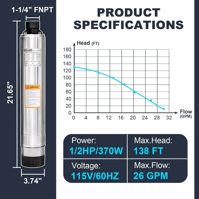 수중 폐수 및 수조 바닥 흡입 펌프, 33FT 케이블, 1/2HP,115V/60HZ,26GPM,138FT 헤드, 4 인치