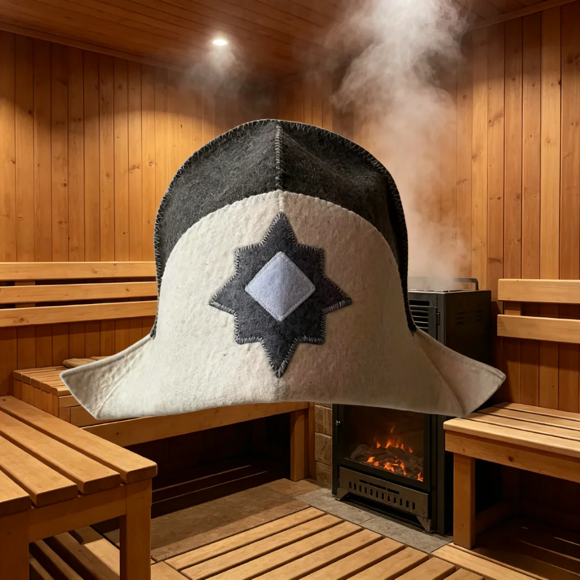Two-tone Wool Felt Sauna Hat Eight-pointed Star Patch Decor Heat Insulation Russian Banya Steam Bath Spa Cap