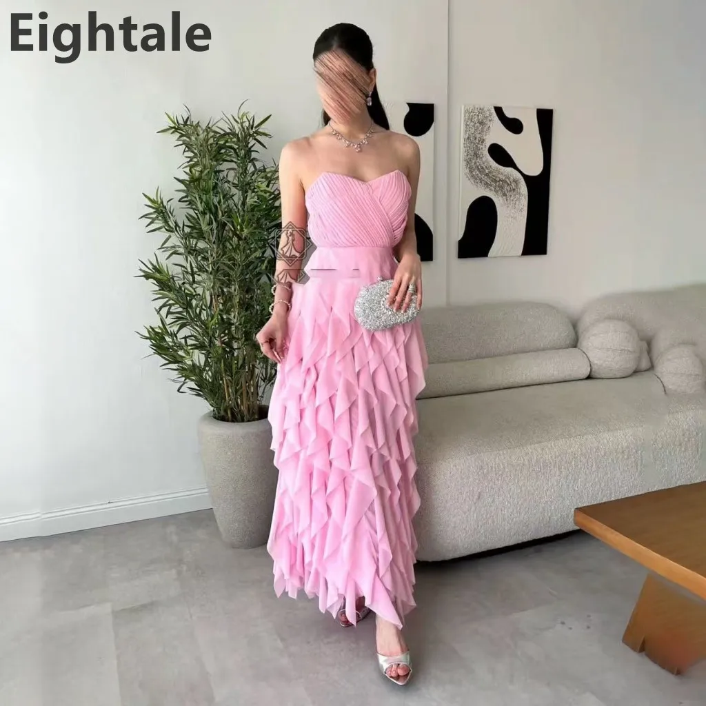 

Eightale 2025 Pink A Line Sweetheart Ruffles Chiffon Maxi Evening Dress Saudi Arabic Prom Dress Dubai Party Gown Customized