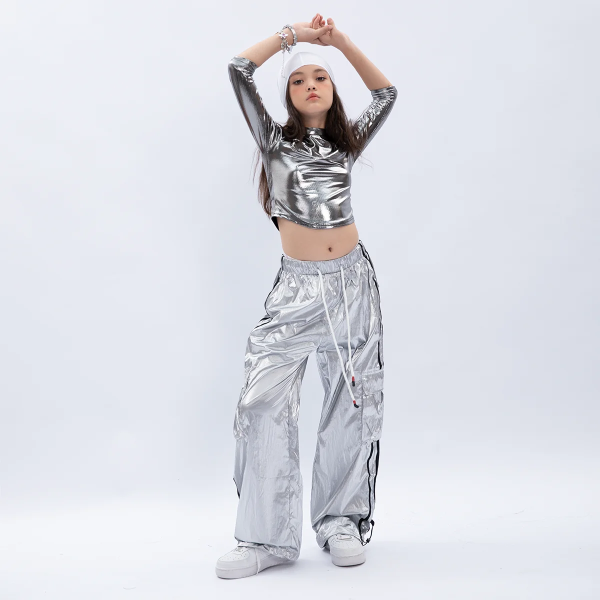 2023 Kids Cool Street Wear abbigliamento Hip Hop per ragazze argento Top Pants Performance Kpop outfit Stage Jazz Dance Costumes XS7129