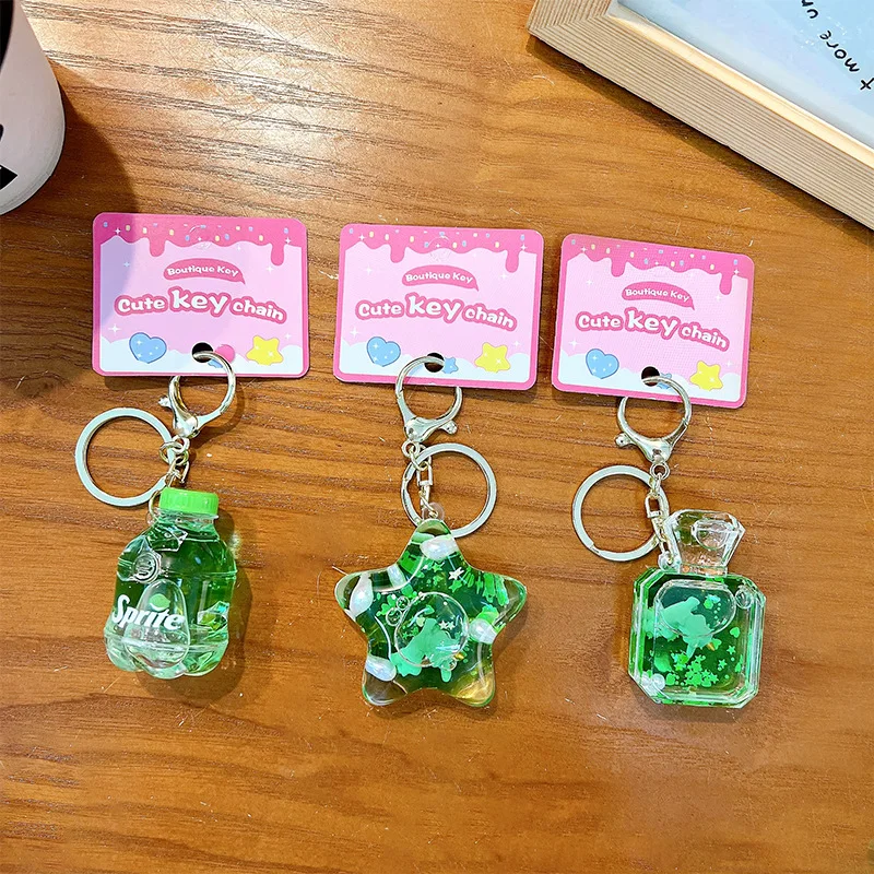 Floating Liquid Into Oil Pearl Unicorn Glitter Cartoon Keychain Women Girl Bag Pendant Cute Mug Bottle Keyring Key Green Charm