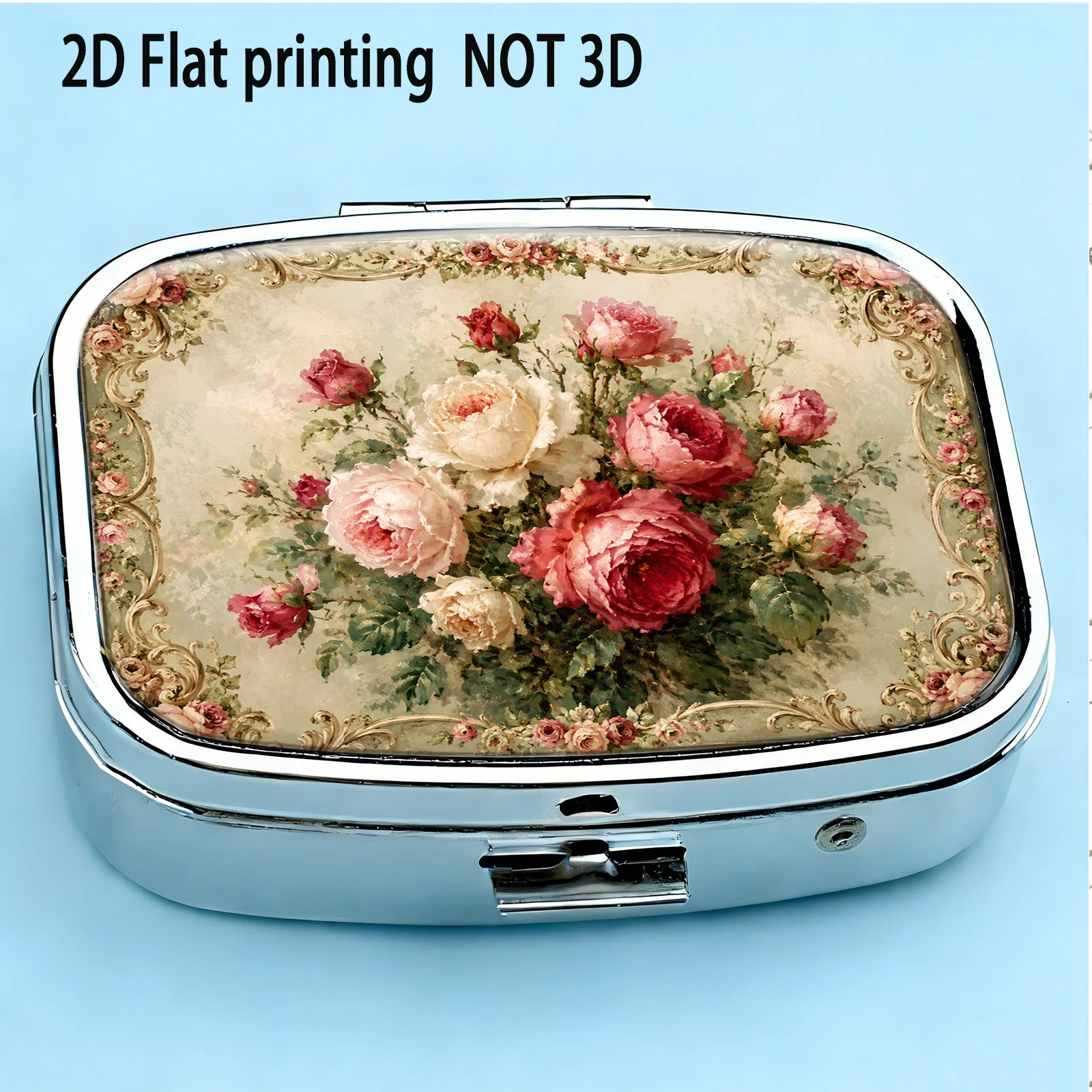 Vintage-Style Frame with Deep and Light Red Rose Patterns, Square Two-Compartment Small Pill Organizer, Portable Medicine Storage, Can Also Be Used as a Home Portable Organizer, Decorative Box, Suitable for Crossbody Bags, Travel, Metal Pill Box, Small Jewelry Storage, Holiday Gifts, Commemorative Trinkets, Prize Souvenirs