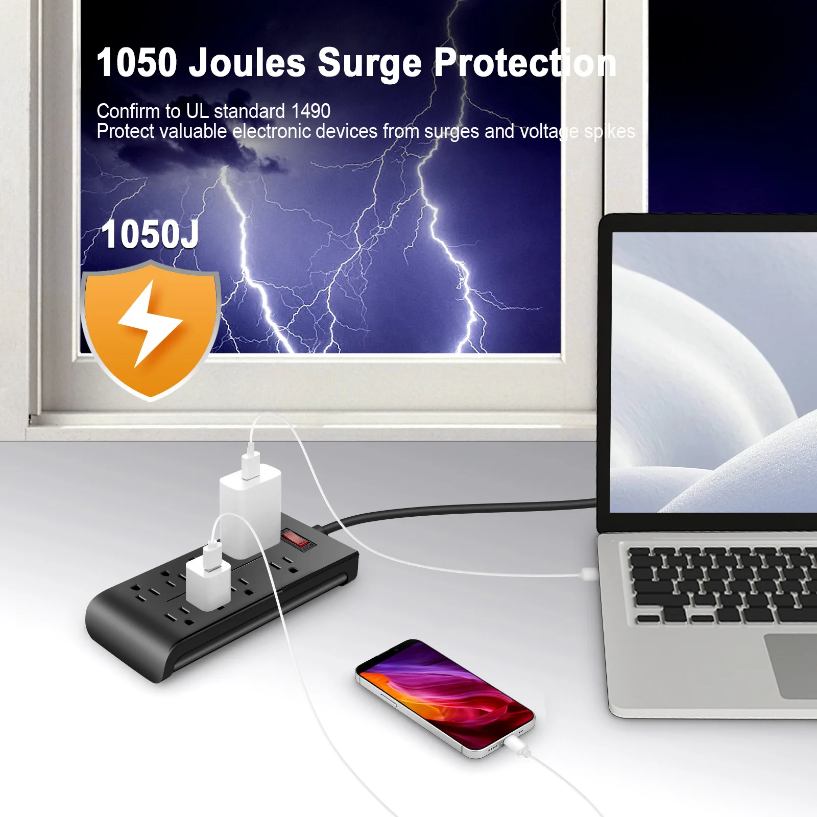 Flat Plug Power Strip 4Ft Long Extension Cord,  4800J Surge Protector, 8 AC Outlets Ports for Home and Office Black