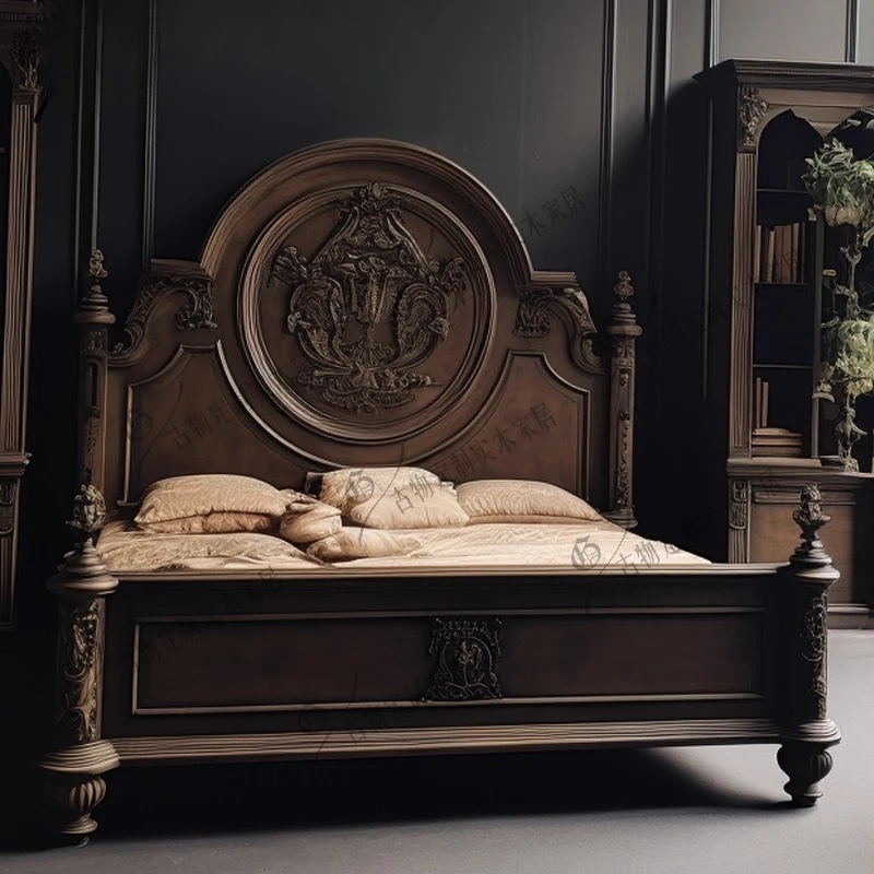 

Резная двуспальная кровать в средневековом стиле/французская ретро-спальня из цельного дерева, свадебная кровать/односпальная кровать/можно настроить