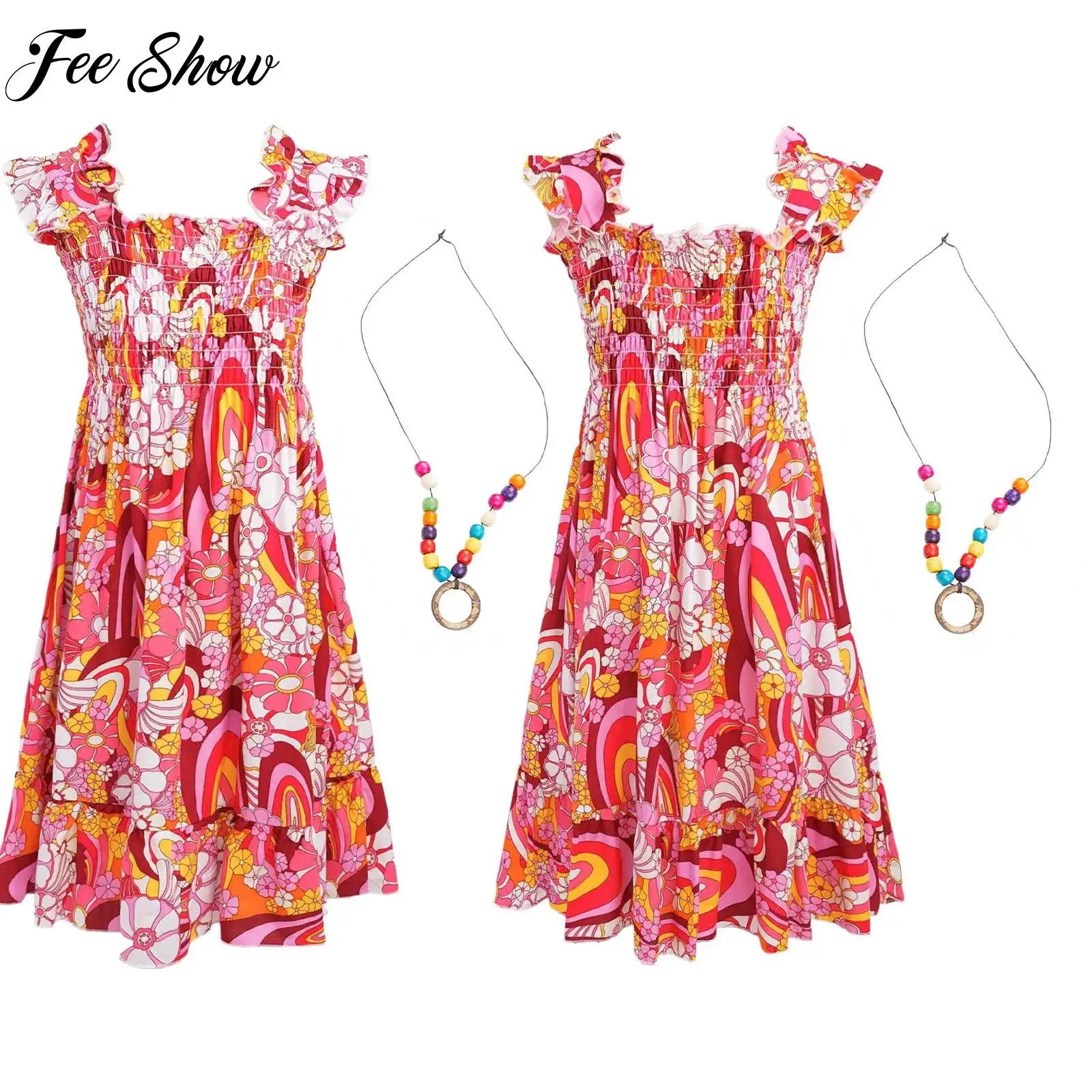 

2 Pcs Kids Girls Floral Print Smocked Dress Sleeveless Sundress with Necklace for Beach Vacation Holiday Travel Wedding Party