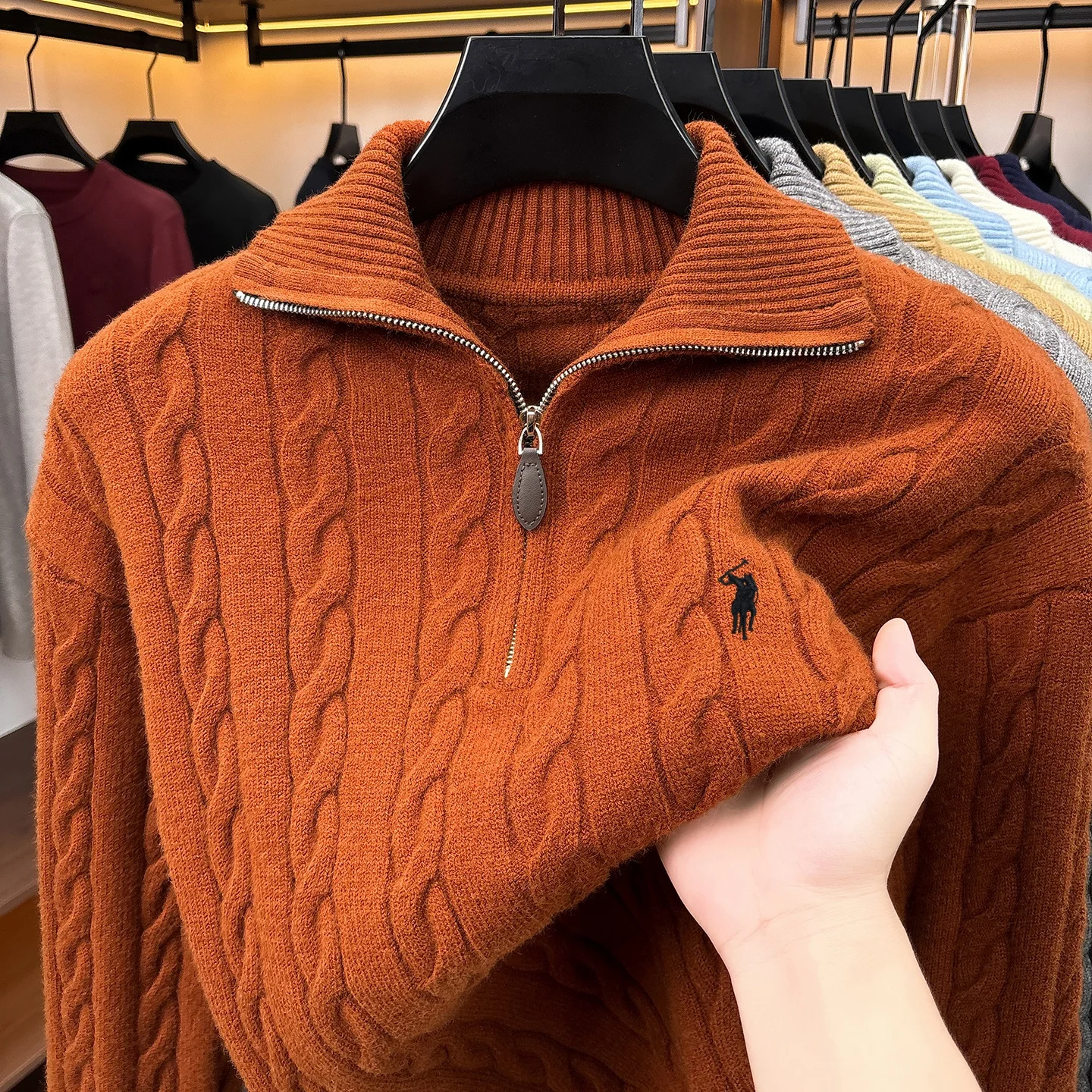 Herbst Winter Neuer Pullover Klassische Mode Jacquard Herren Retro Reißverschluss Stehkragen Luxus Paul Pony Stickerei Lässiger Strickpullover – Detail 21