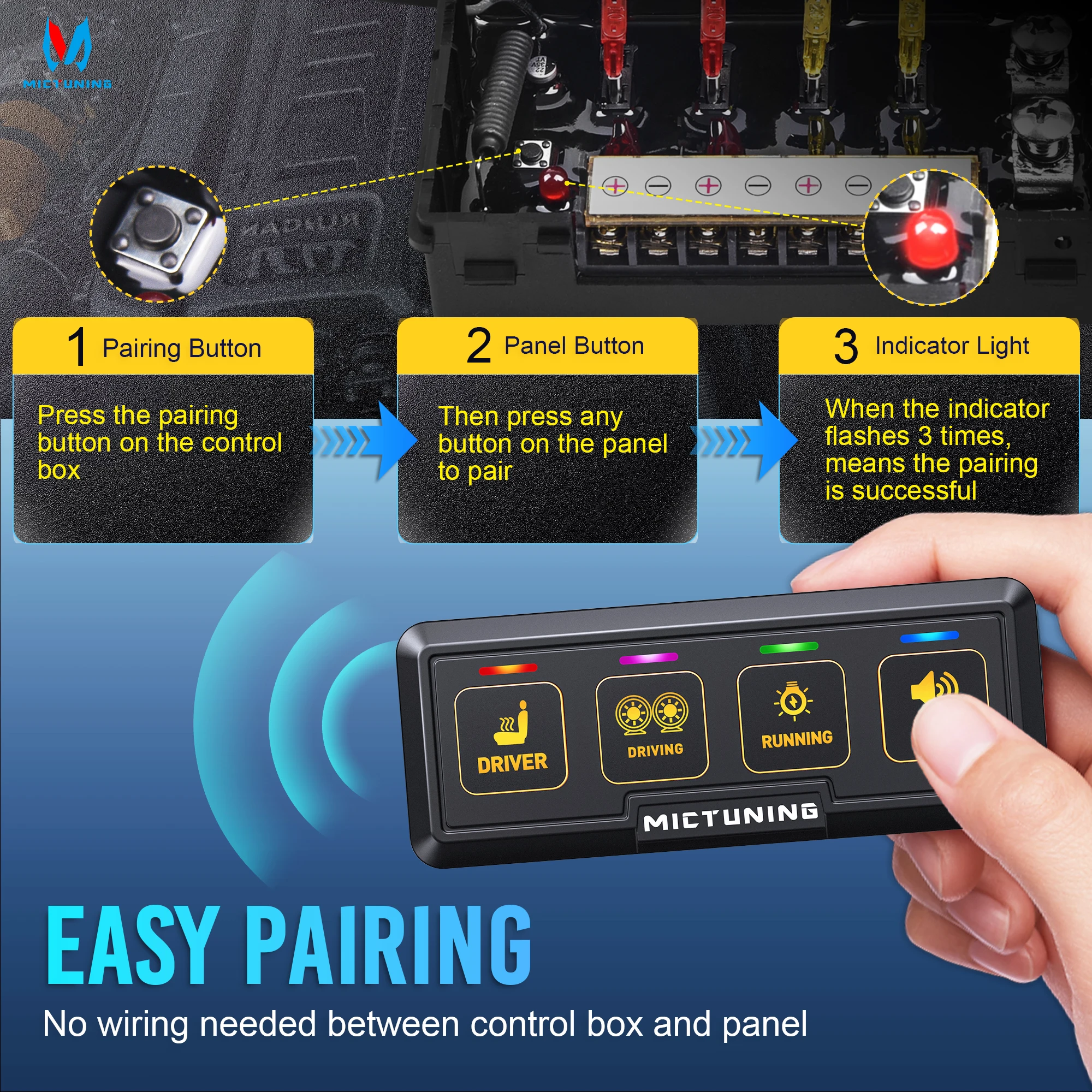MICTUNING 4-Channel/6-Channel Wireless Switch Panel, Auxiliary ON-OFF Relay Circuit Box, AAA Batteries/USB-Powered, Universal