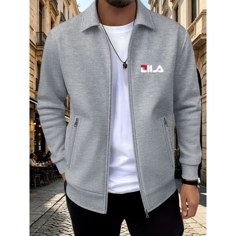 2026 New Model Men Solid Waffle Texture Lapel Zipper Cardigan Jacket Lightweight Regular Fit Daily Casual Long Sleeve Coat