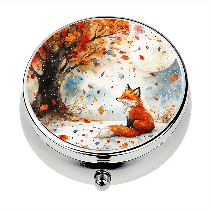 1-piece three-compartment pill box with autumn fox pattern, mini pill container, pill organizer, unique travel gift