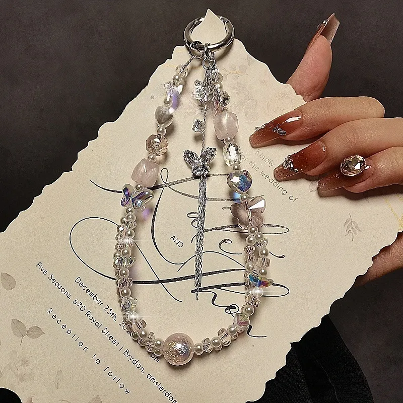 Fashion Star Crystal Diamond Butterfly Pendant Mobile Phone Chain Tassel Lanyard Short Hand Chain Pendant Accessory
