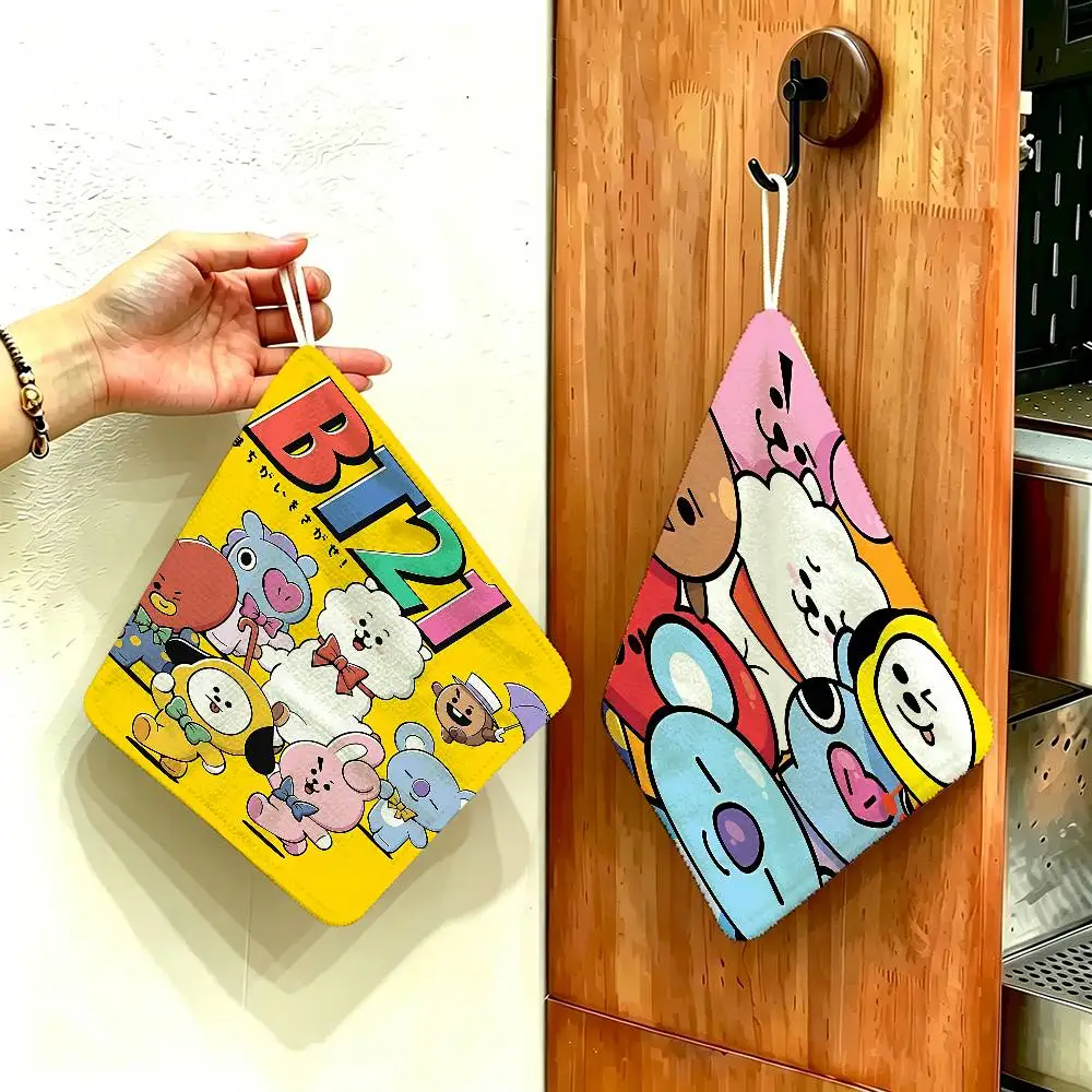 Cute B-bt21-S Logo Polyester Cotton Hanging Hand Towel, Super Absorbent Hand Wiping Towel for Daily Household Use