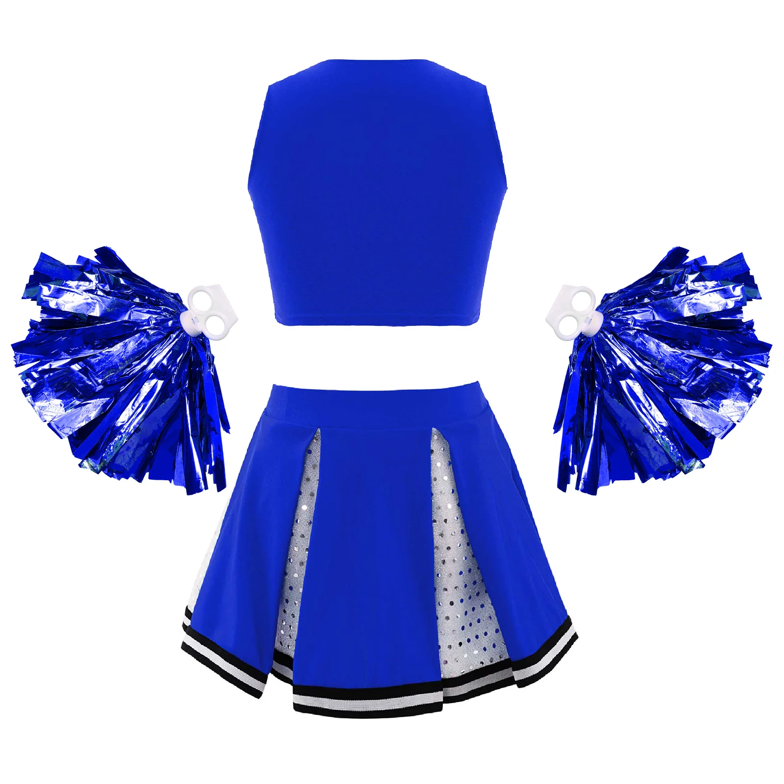 Kinder Mädchen Cheerleading Uniform Dancewear Kreuzmuster Streifen Vorne Top mit Funkelnden Pailletten Rock und 1 Paar Quaste Blume Ball