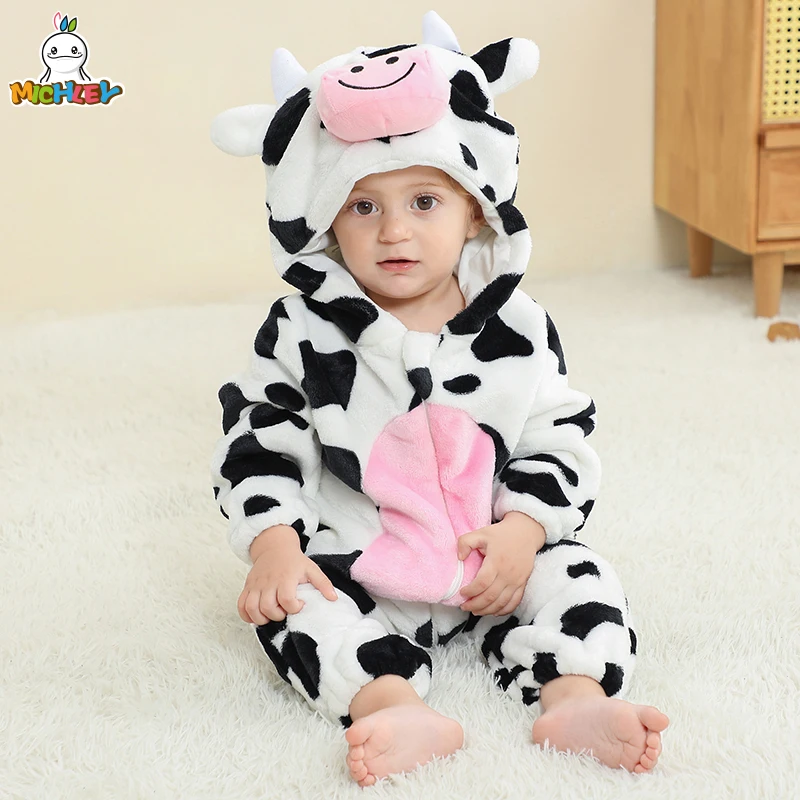 MICHLEY Halloween Cute Cow Flannel Baby Rompers Winter Clothes Costume Hooded Bodysuits Pajamas Animals Jumpsuit For Girls Boy