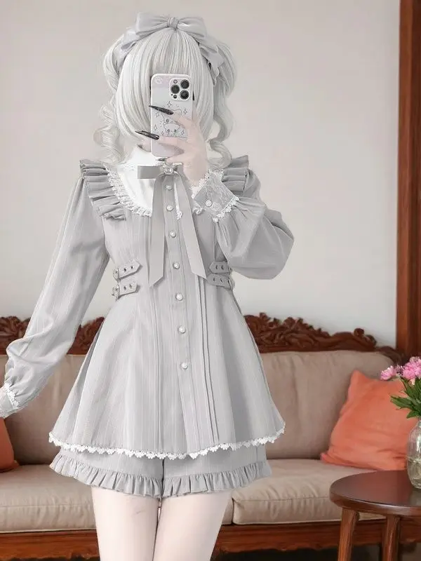 Coalfell Harajuku Sweet Bow Silver Stripes Dresses All-match Slim Lolita Dress Women Autumn New Long Sleeve Vestidos De Mujer