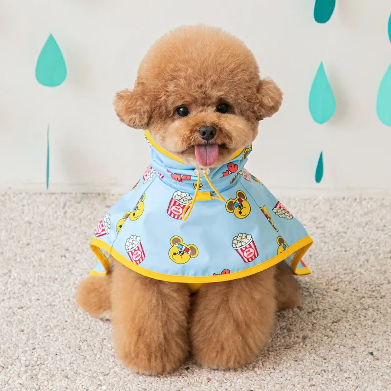 Four Seasons Universal Cartoon Printing Pet Rain Poncho Waterproof Hooded Dog Raincoat Leashable Puppy Bichon Teddy Dog Clothes