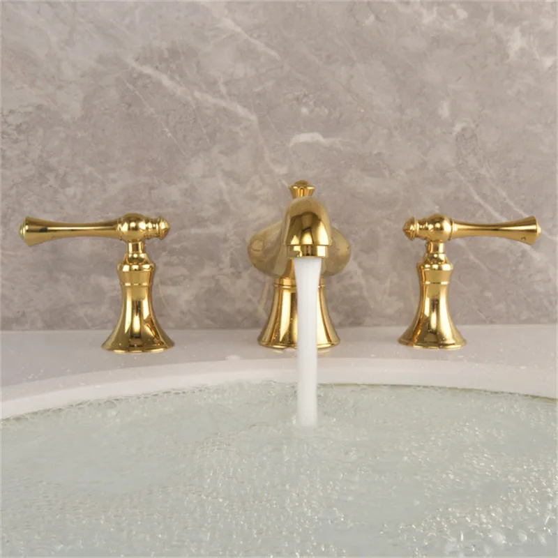 Tuqiu Basin Faucets Total Brass Widespread Bathroom Faucet  Gold Sink Faucets 3 Hole Hot And Cold Waterfall Faucet Water Tap