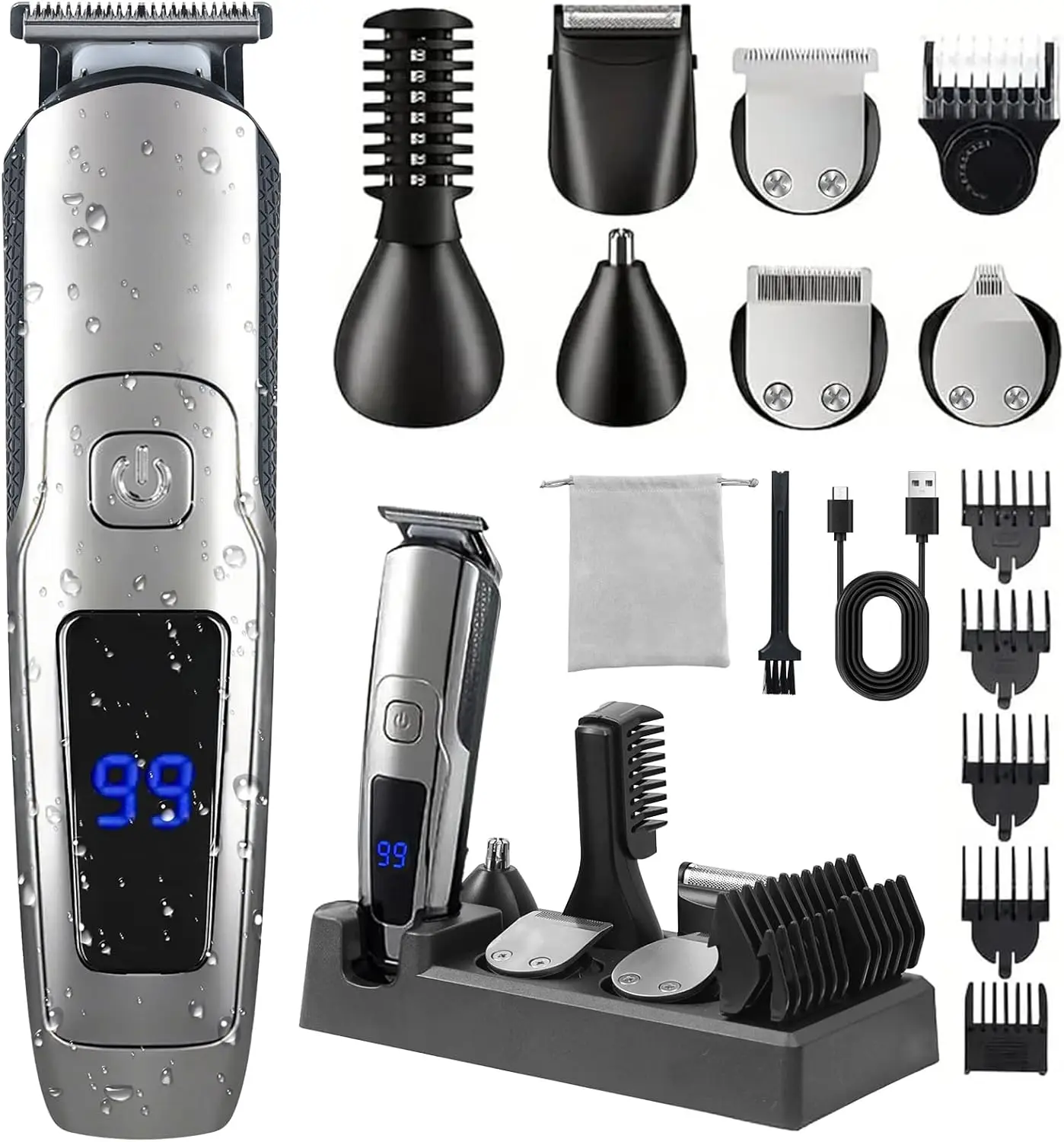 

Men's Cordless Beard Trimmer with 20 Settings, Waterproof Electric Razor Kit Includes Nose Hair Trimmer and Travel Bag