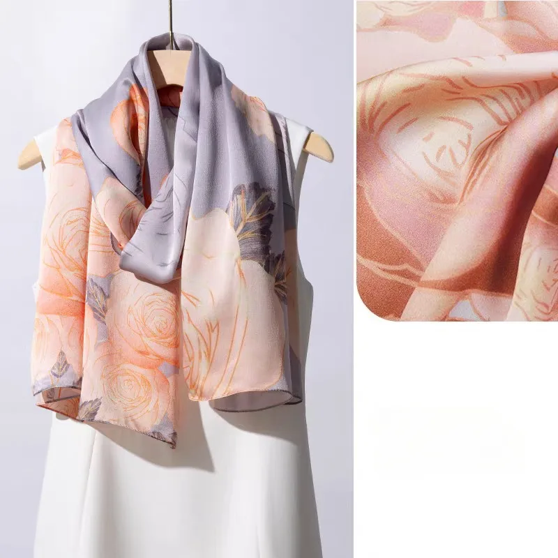 

100% Mulberry Silk Long Scarf for Women Oblong Shawls for Headscarf Neck- Oblong Hair Wraps Gift Packed Light Purple Rose Print