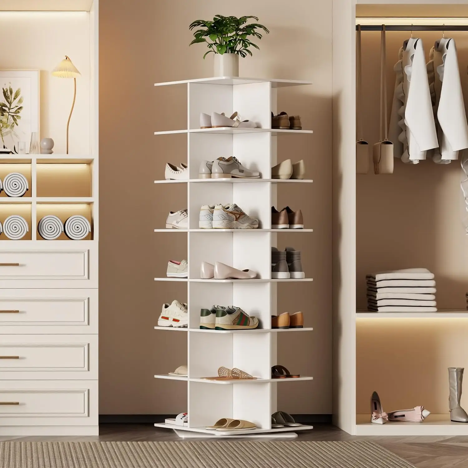 Rotating Shoe Rack Tower, PVC Material Structure, 7-Tier 360° Swivel Lightweight Shoe Organizer, Space-Saving Spinning Shoe