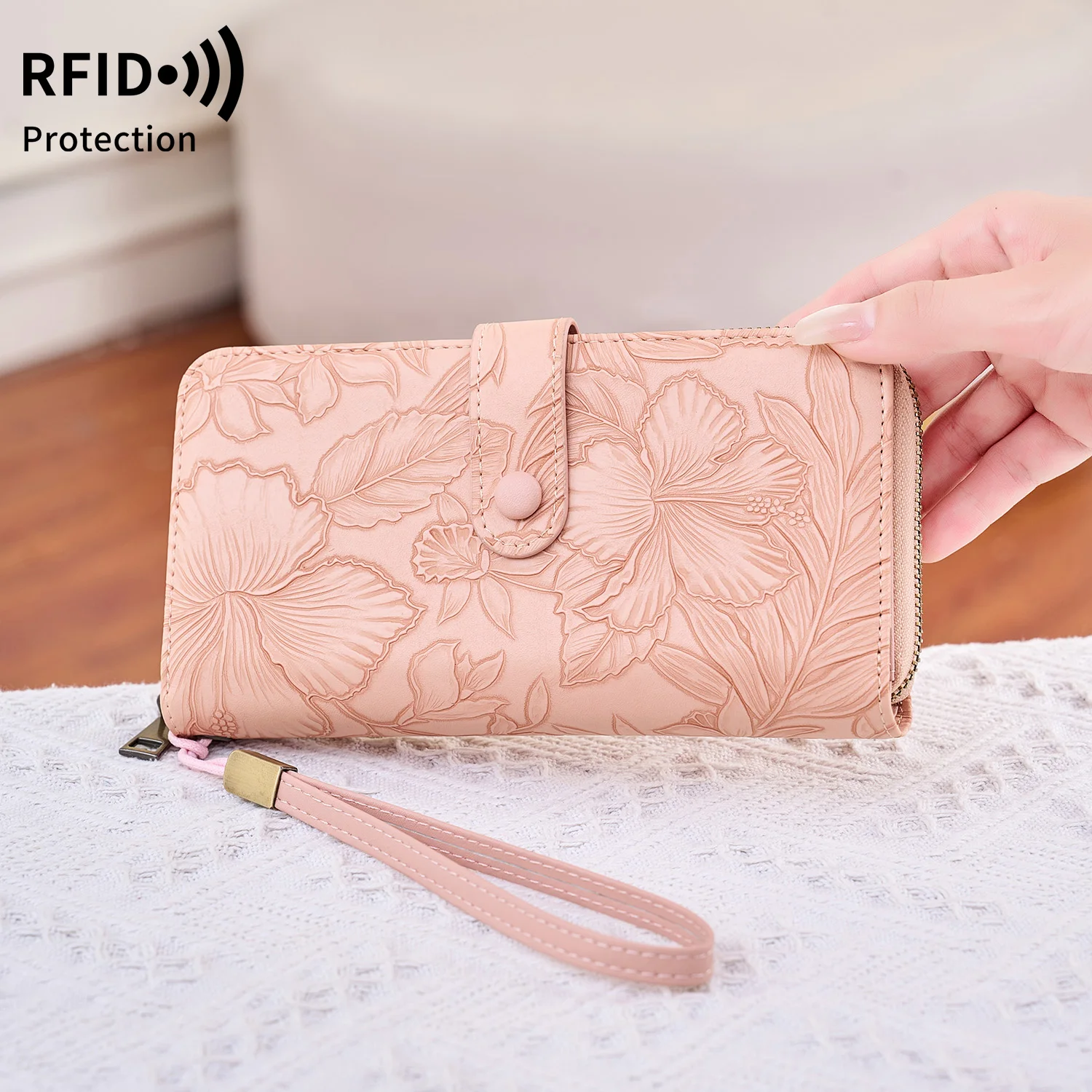 

RFID shielded women's zipper coin purse stylish floral embossed design women's clutch bag high-quality PU, large capacity wallet