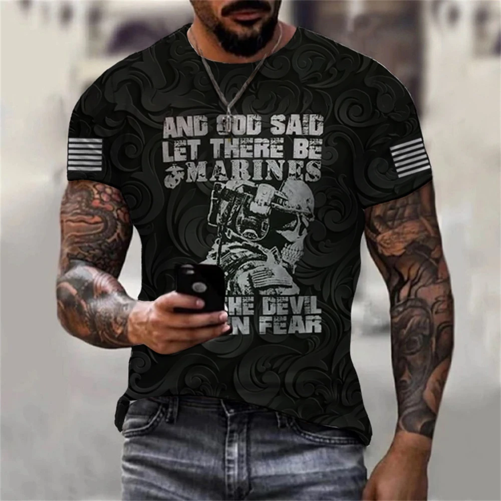 Semper Fi MARINES N The Devil Ran In Fear Men's Retro 3D Printing Short sleeve T-shirt Harajuku Leisure street T-shirts Clothing