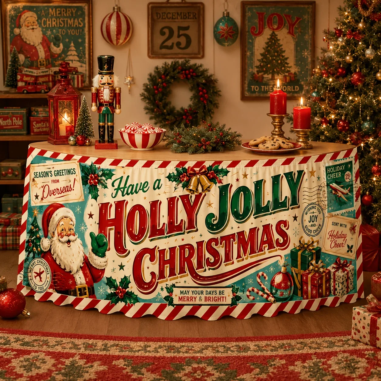 1 piece tablecloth table skirt, polyester vintage, Santa Claus, Christmas, gift box, chime bell (yzb)