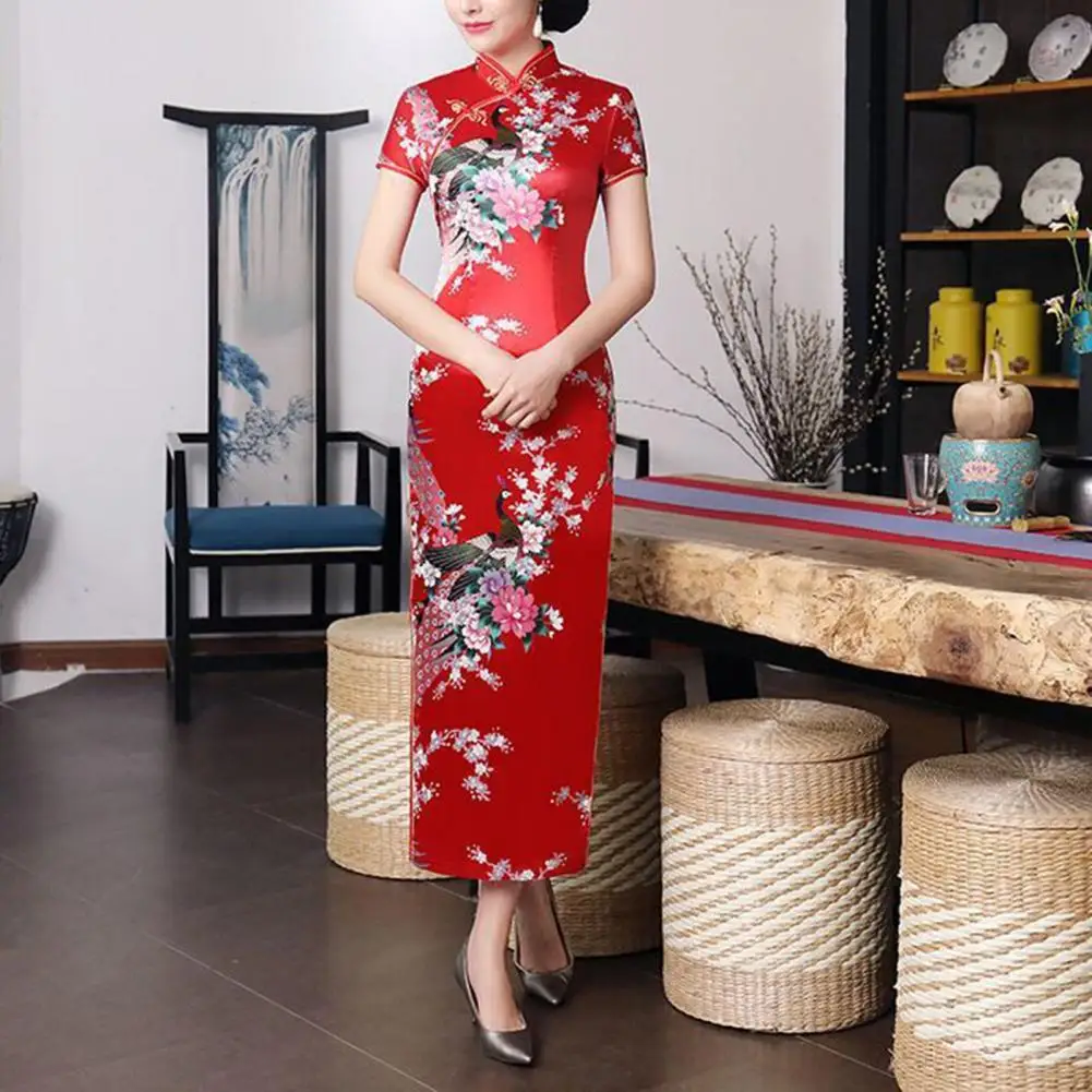 

Chinese Qipao Classic Women Dress Floral Stand Collar Short Sleeves High Side Split Chinese Knot Buttons Cheongsam Satin Silky