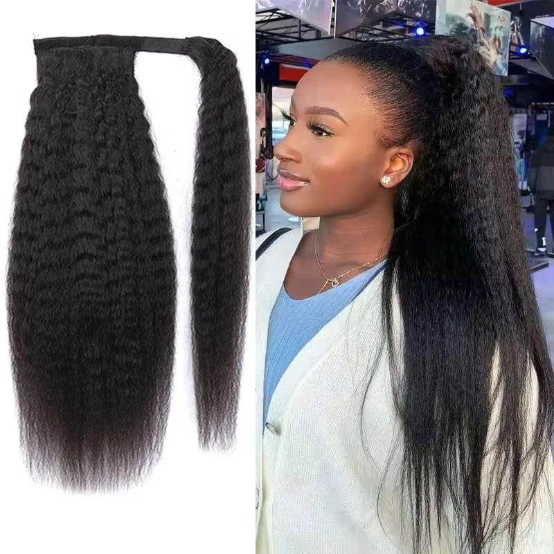 

Накладной хвост из натуральных бразильских волос Kinky Straight с застежкой на липучке, волнистый, Yaki, натуральный черный цвет