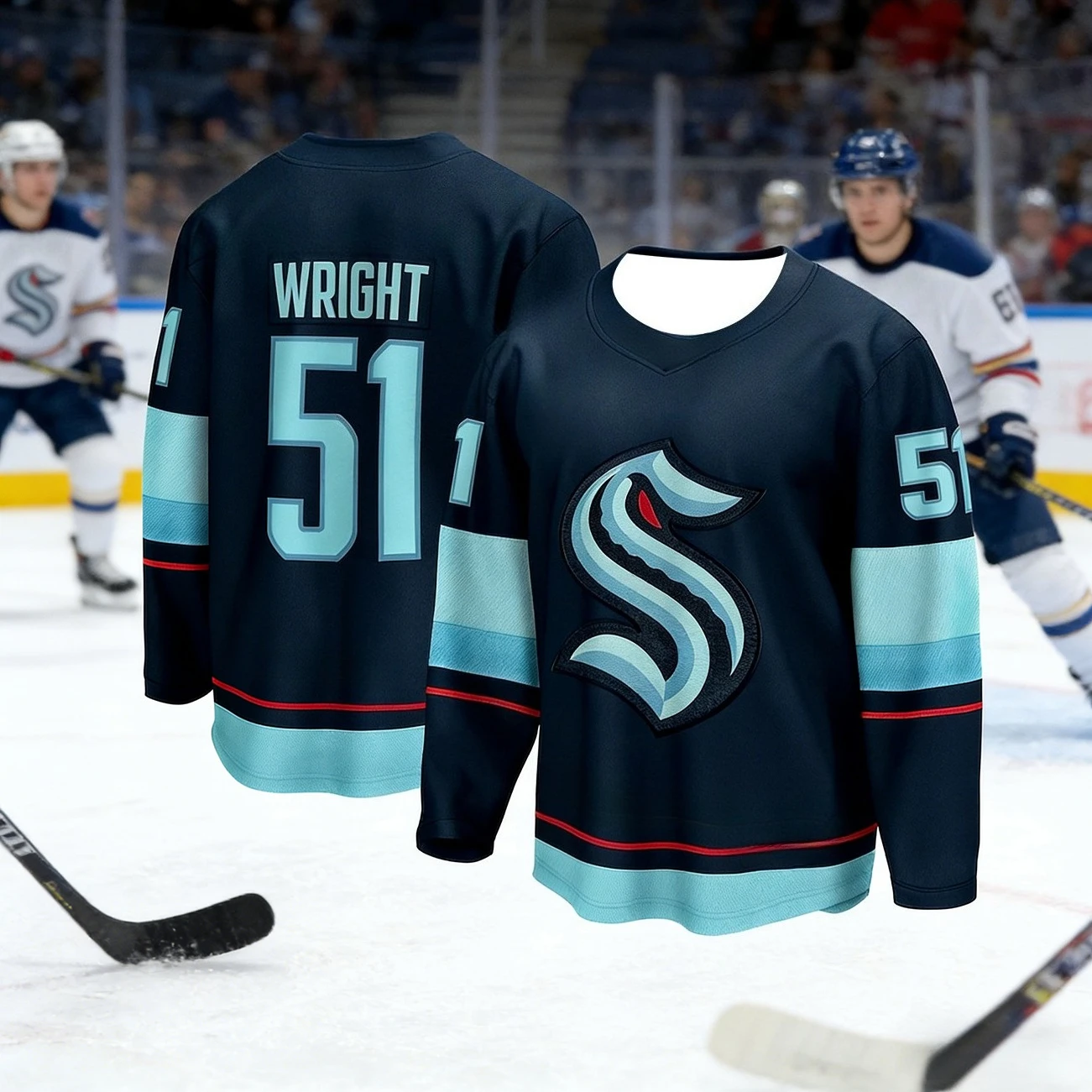 2026 Best-selling Men's Sea Monster Ice Hockey Training Deep Blue Ball Jersey Moisture-Wicking 3D Print Long Sleeve Kids