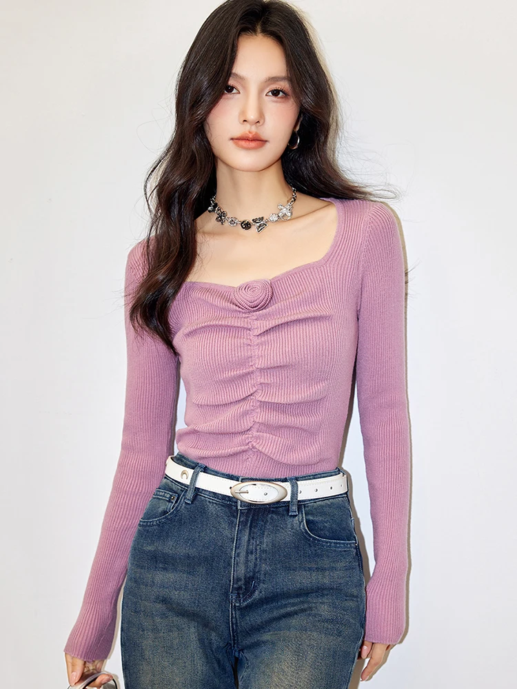 Sweet Knitted Sweater Women Autumn Fashion Flowers Square Collar Long Sleeve Slim Tops Stretch Basic Elegant Pullover