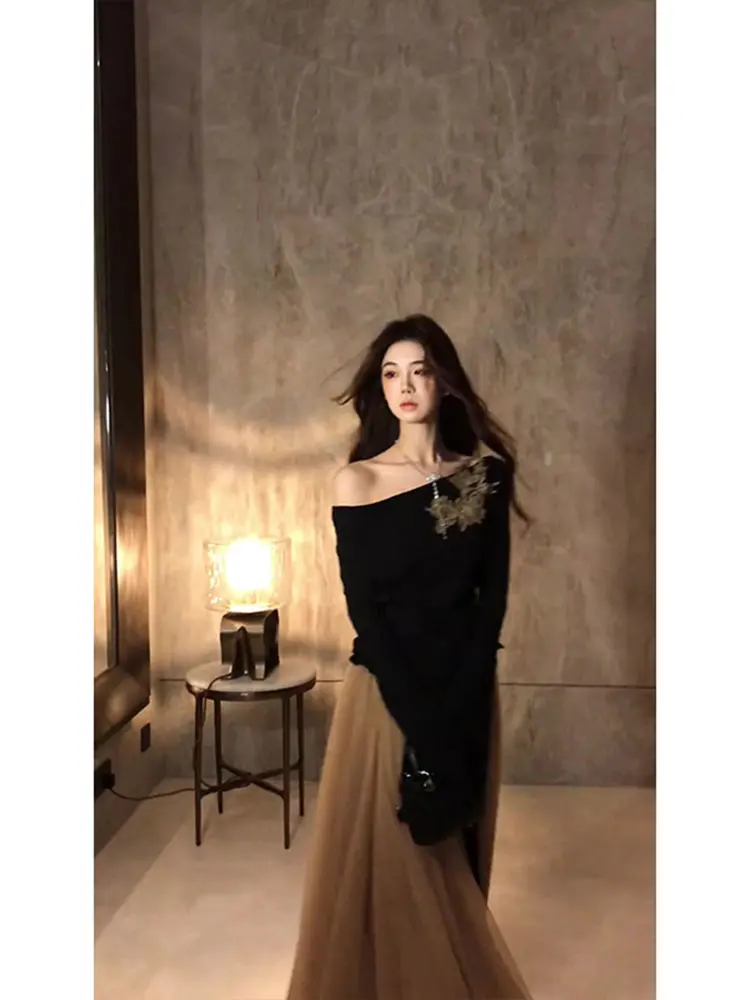 Large Size Black Embroidered Asymmetrical Shoulder Belted Long Sleeve Top And Mesh Skirt Set Women's Autumn New Style Brown view 2