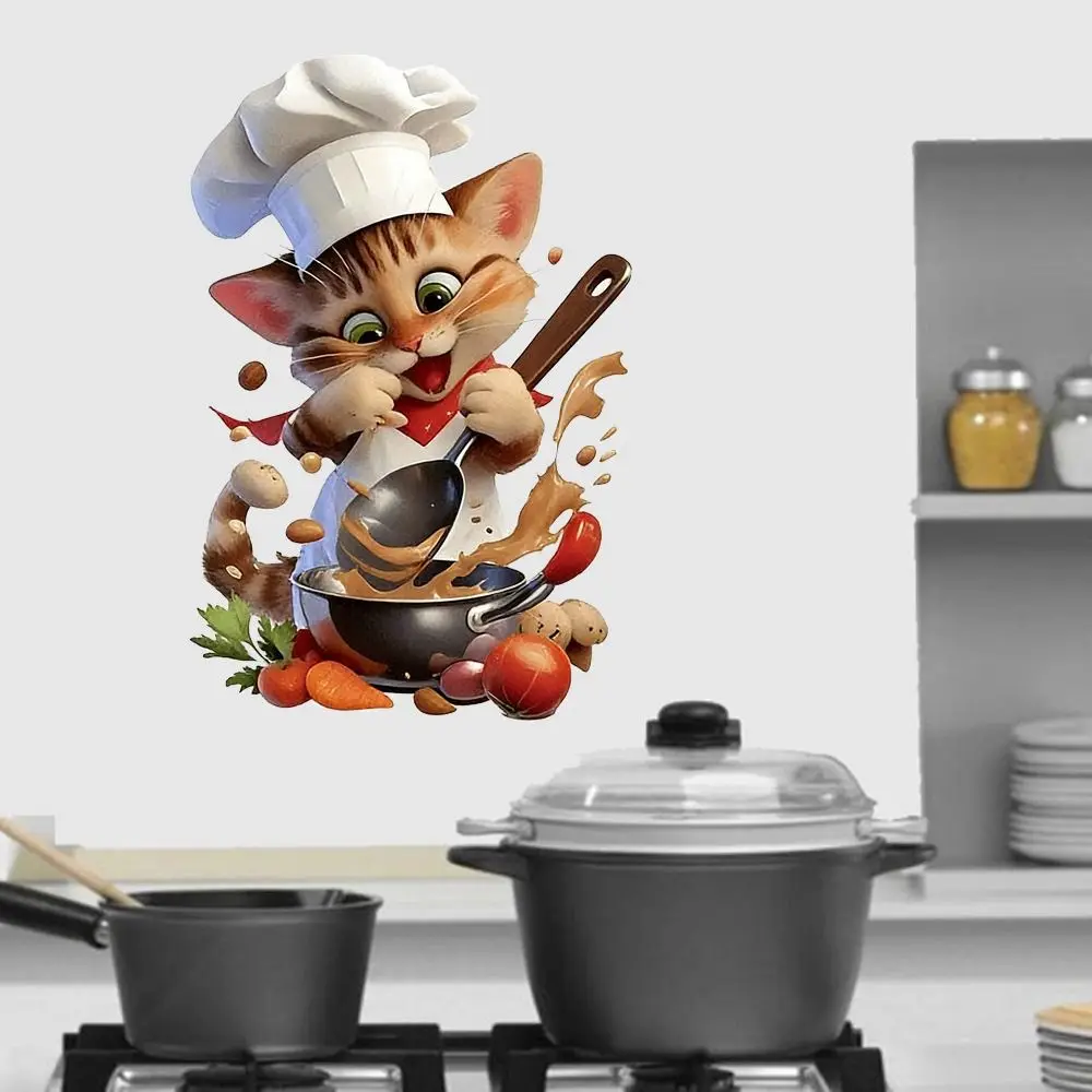 Reusable Cartoon Cat Mouse Chef Cat Kitchen Decal Self-adhesive PVC Decorative Sticker Waterproof Wall Art Refrigerator