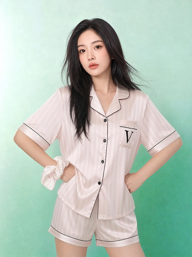 

Pink Striped Ice Silk Short Sleeve Ladies Sleepwear Set Home Comfortable Breathable Moisture Wicking Summer Cool Feeling