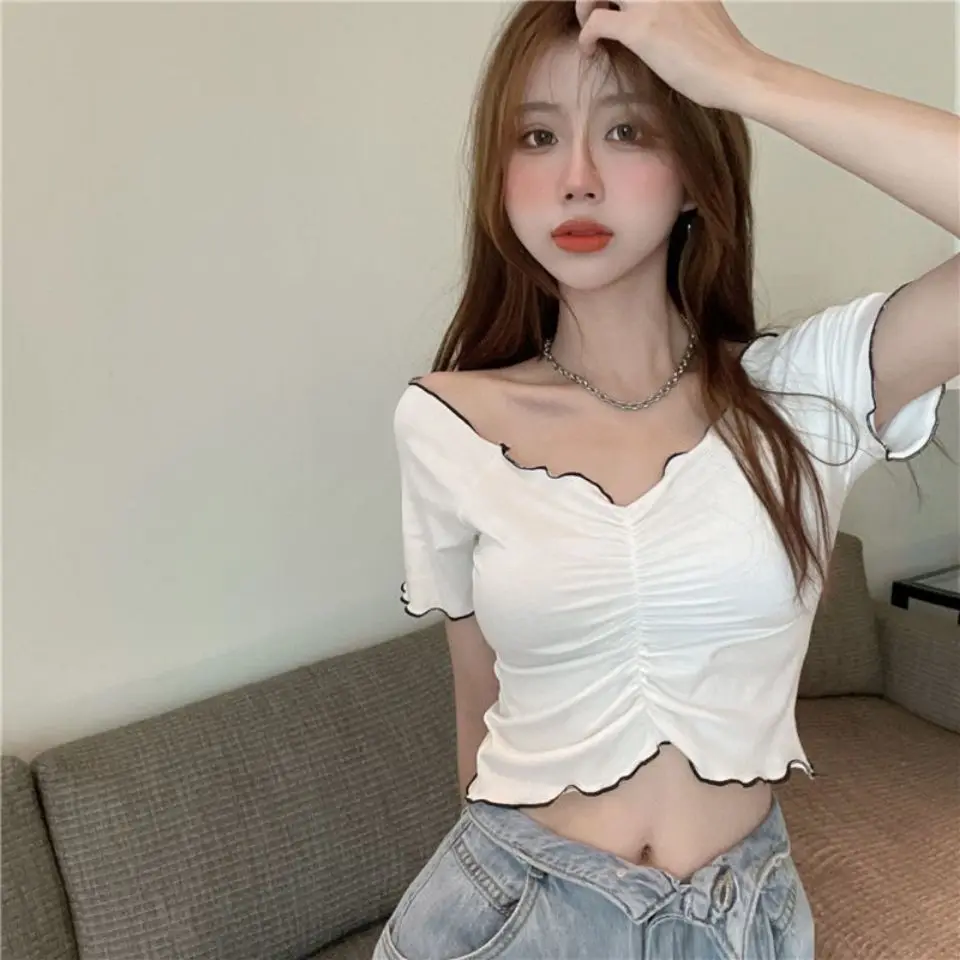 Pure Desire Style One-shoulder Top New Slim Fit and Slim Navel Revealing Hot Girl Short Sleeves
