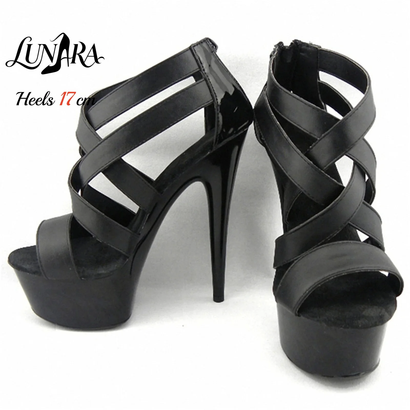 17cm/7 Inch Matte Black Pole Dance Heels Straps Platform Sandals Back Zipper Non-slip Sexy Exotic Pole Dance Nightclub Ladies