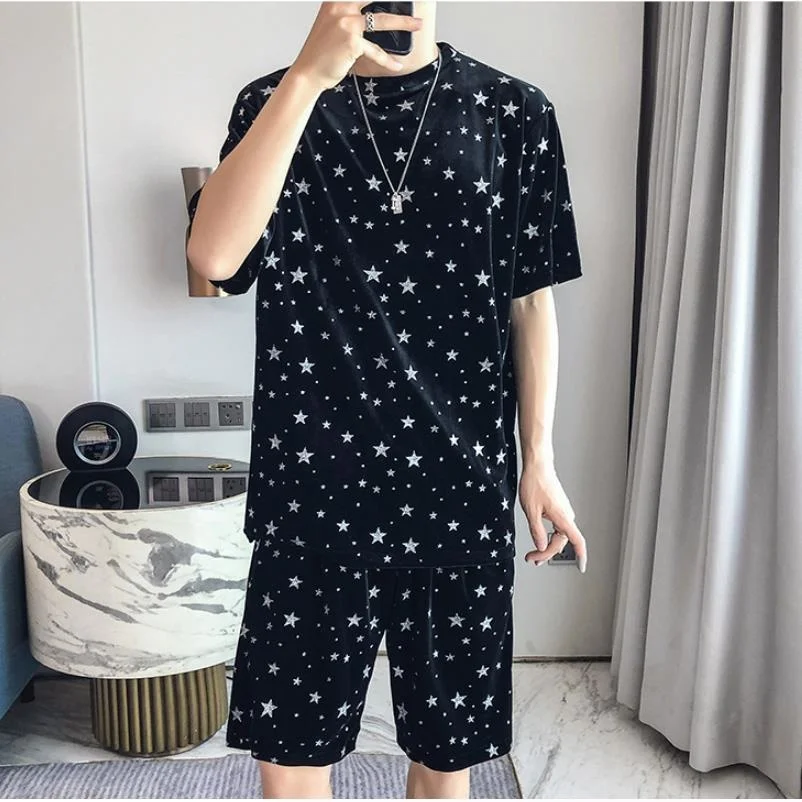 

2024 Summer Men's Sets Matching T-Shirt and Shorts Full Star Print Cool Breathable Velvet Short Sleeve Top Elastic Waist