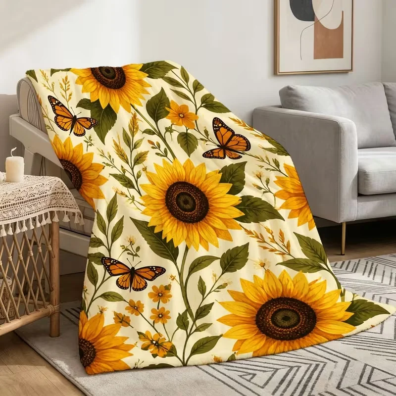 Sunflower Butterfly Floral Flannel Throw Blanket, Soft Cozy Lightweight Botanical Fleece Blanket for Bedroom Sofa Home Decoration