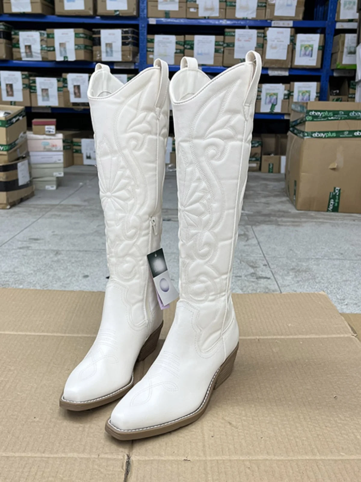 أحذية غربية أنيقة ذات كعب متوسط الارتفاع للنساء، حذاء طويل بسحاب جانبي وكعب سميك