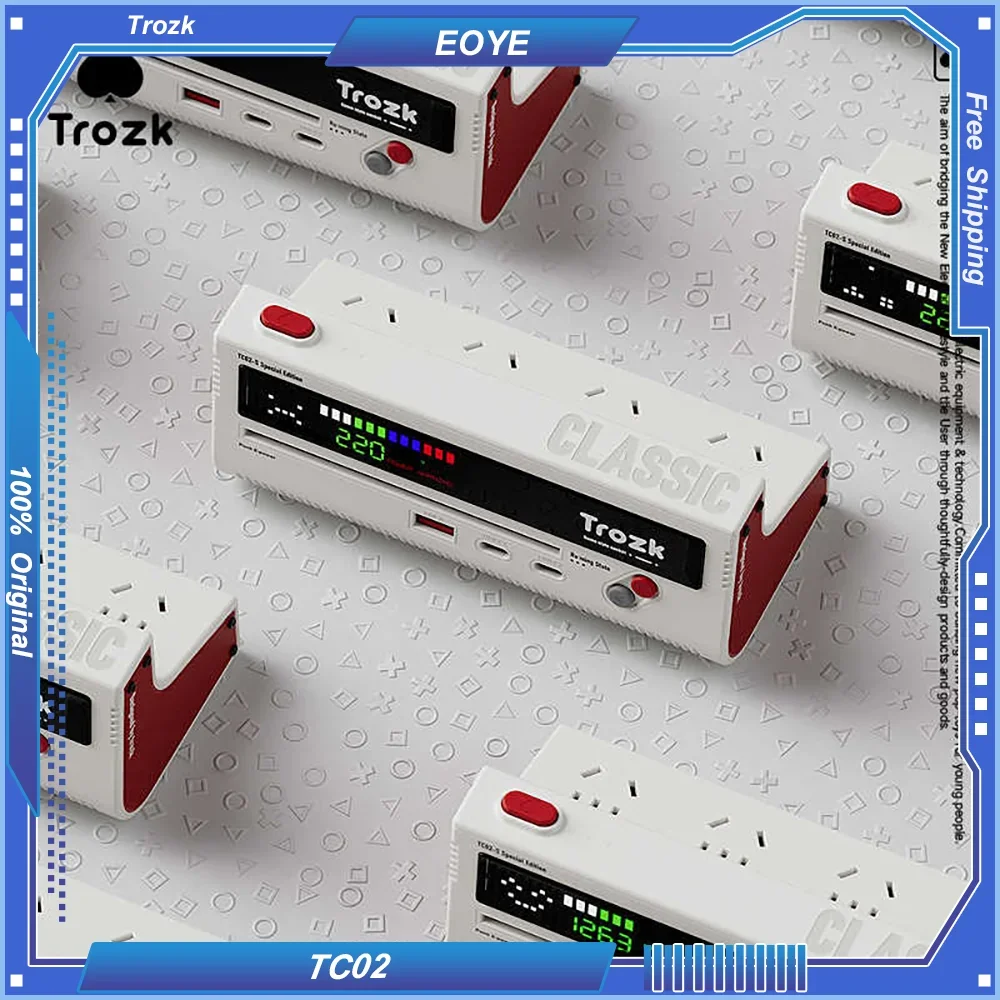 Trozk USB Power Strip Docking Station Red White Machine 45W GaN Fast Charging Extension with 3-inch Screen Display Retro Pattern