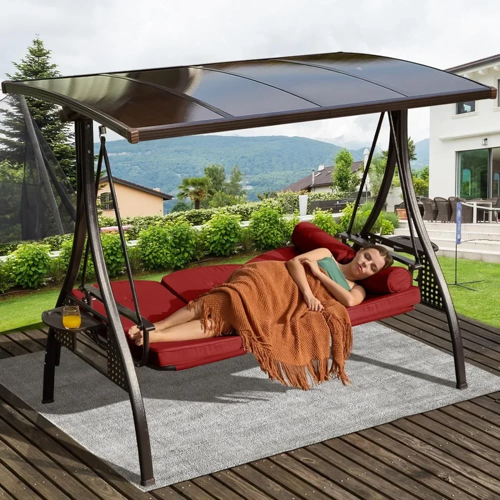 Outdoor Porch Swing with Hardtop, Adjustable Hardtop,3 in 1 Convertible, Thicken Cushion,Pillows, Cup Holders, Outdoor Swing