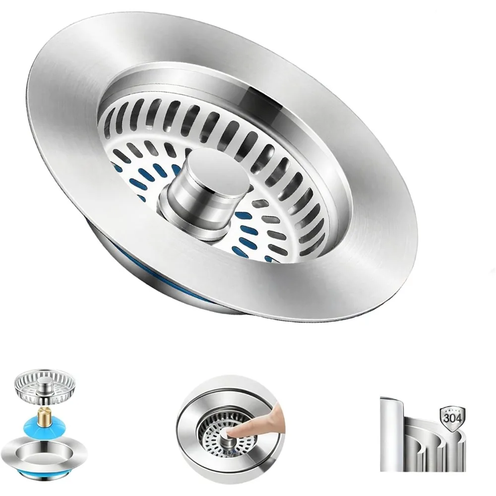 

Upgraded 3-in-1 Kitchen Sink Drain Strainer Stopper Stainless Steel Anti Clogging Food Catcher Basket Universal Strainer Cover Filter Fits US Standard 3.5 Inch Drain Hole Protector Durable Easy Clean Silver Design for